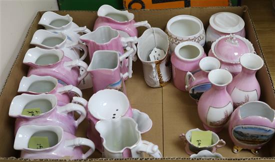 A collection of German pink lustre and white-glazed souvenir china, including jugs, preserve pots, vases and shaving mug (22, faults)